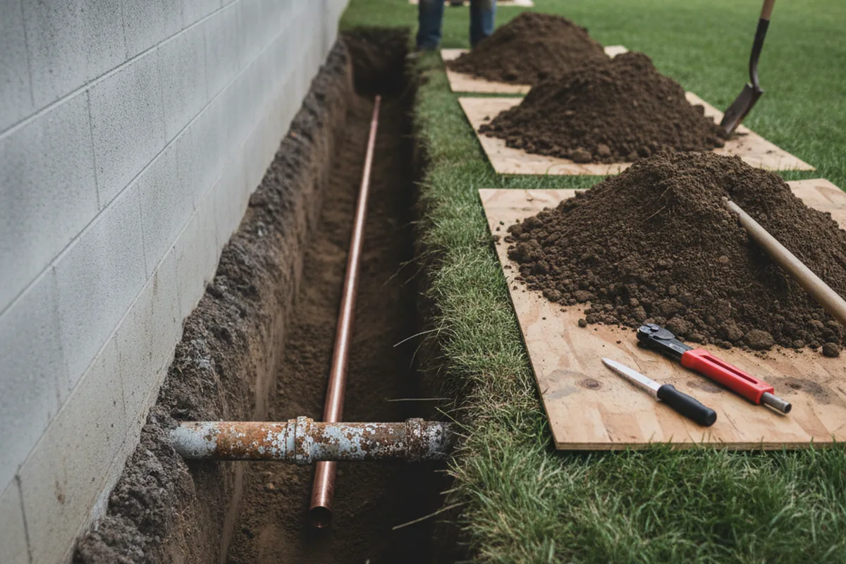 Excavated water line trench during Water Heater Repair in College Grove